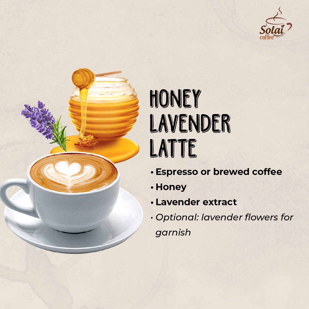A ceramic mug filled with a frothy Honey Lavender Latte, showcasing a velvety espresso-based drink infused with honey and lavender extract, a delicate and aromatic summer coffee delight