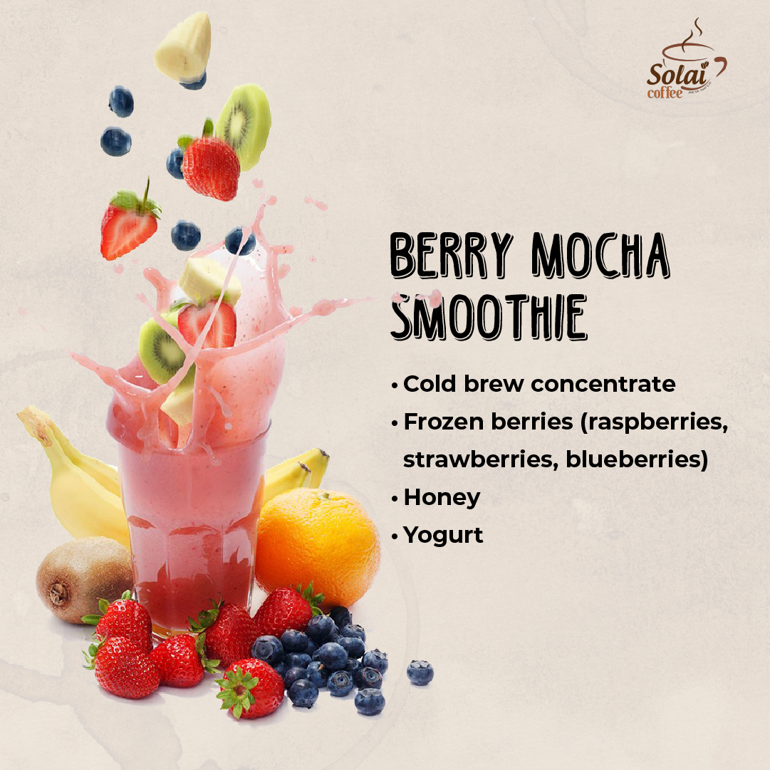 A tall glass filled with a vibrant Berry Mocha Smoothie, showcasing a blend of cold brew coffee, mixed berries, yogurt, and honey, creating a refreshing and nutritious summer beverage with a rich mocha flavor.